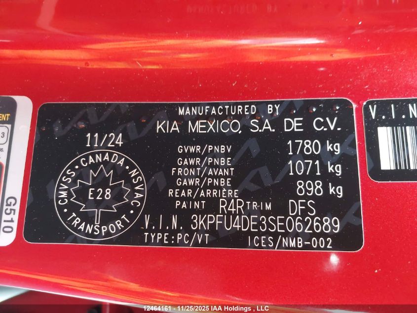 2025 Kia K4 Ex/Ex+ VIN: 3KPFU4DE3SE062689 Lot: 12464161