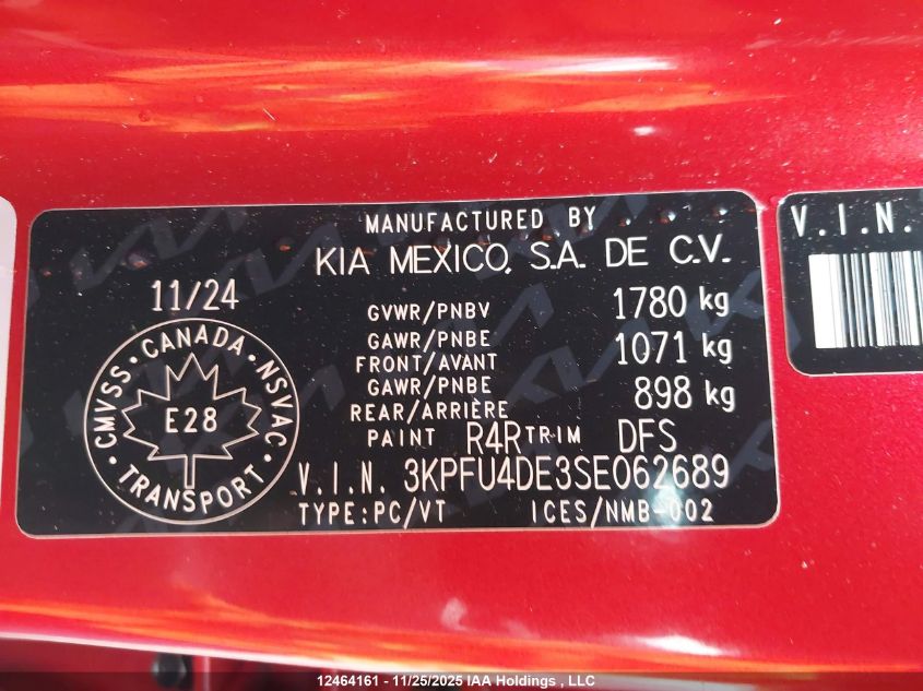 2025 Kia K4 Ex/Ex+ VIN: 3KPFU4DE3SE062689 Lot: 12464161