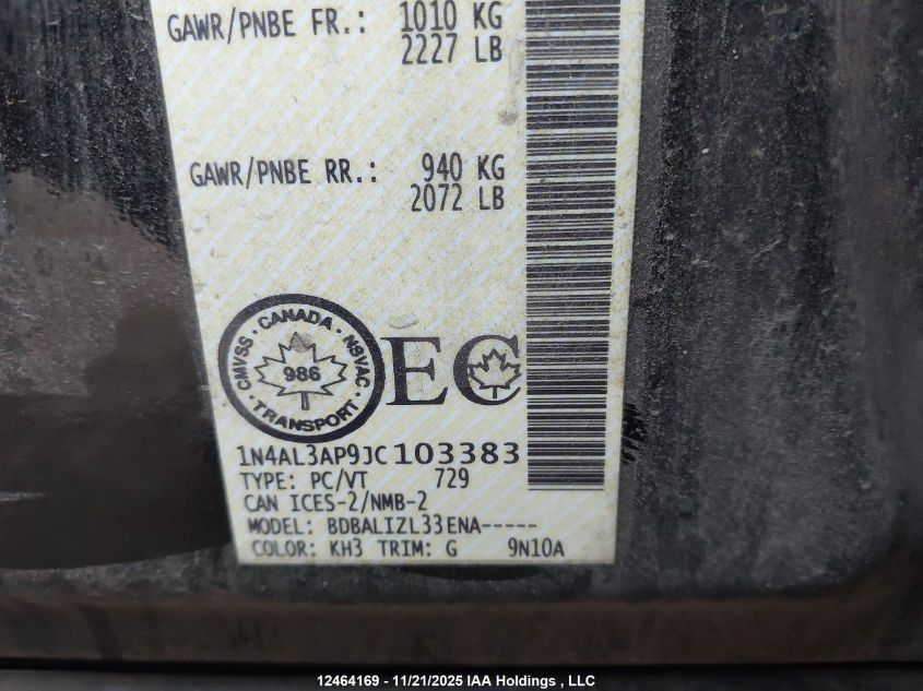 2018 Nissan Altima 2.5/S/Sv/Sl/Sr VIN: 1N4AL3AP9JC103383 Lot: 12464169