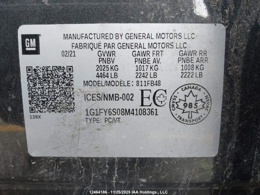 2021 Chevrolet Bolt Ev Lt VIN: 1G1FY6S08M4108361 Lot: 12464186