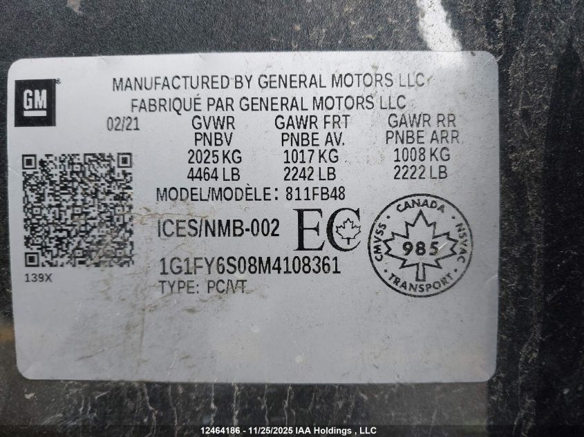 2021 Chevrolet Bolt Ev Lt VIN: 1G1FY6S08M4108361 Lot: 12464186