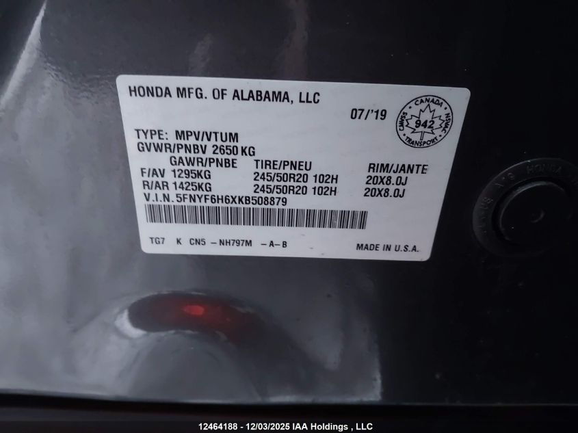 2019 Honda Pilot Touring VIN: 5FNYF6H6XKB508879 Lot: 12464188