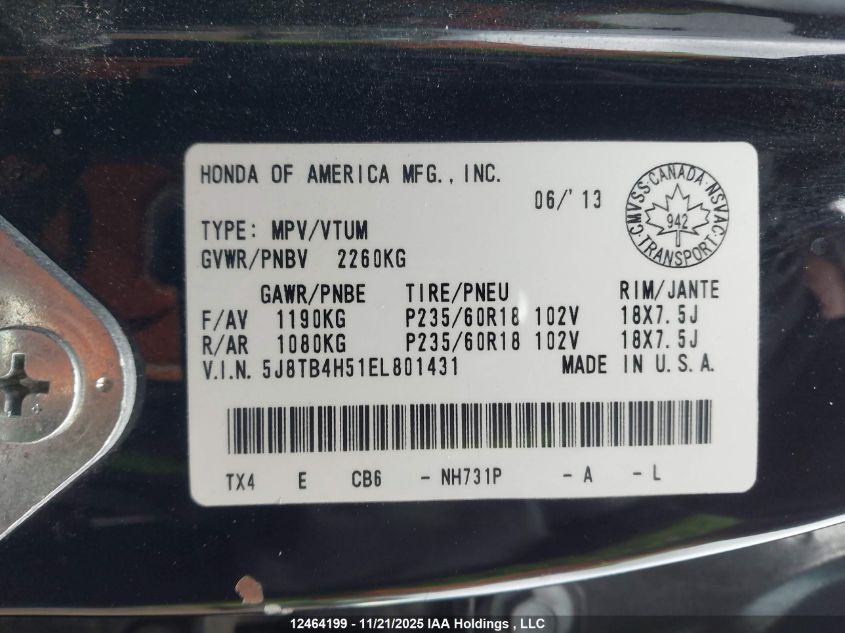 2014 Acura Rdx VIN: 5J8TB4H51EL801431 Lot: 12464199