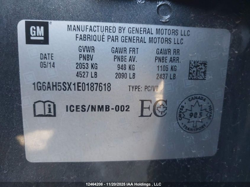 2014 Cadillac Ats Luxury VIN: 1G6AH5SX1E0187618 Lot: 12464208