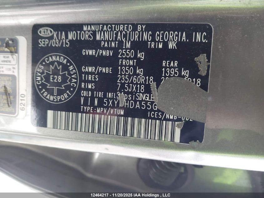 2016 Kia Sorento 3.3L Ex/3.3L Ex+ VIN: 5XYPHDA55GG111625 Lot: 12464217