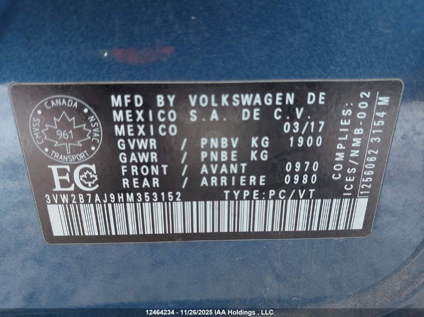 2017 Volkswagen Jetta 1.4 Tsi Trendline+ VIN: 3VW2B7AJ9HM353152 Lot: 12464234