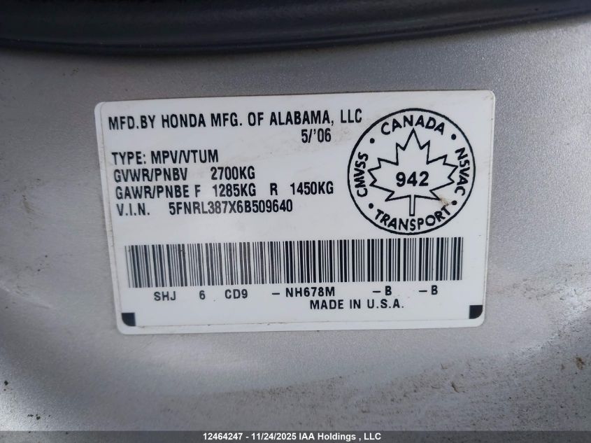 2006 Honda Odyssey Ex-L VIN: 5FNRL387X6B509640 Lot: 12464247