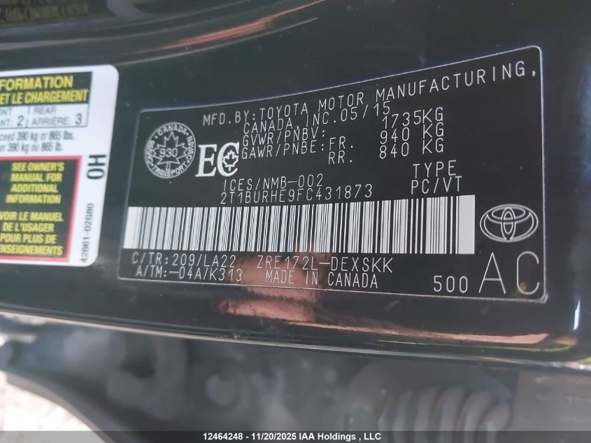 2015 Toyota Corolla S VIN: 2T1BURHE9FC431873 Lot: 12464248