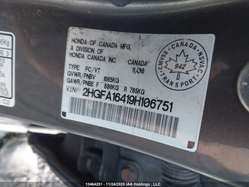 2009 Honda Civic Dx-G VIN: 2HGFA16419H106751 Lot: 12464251