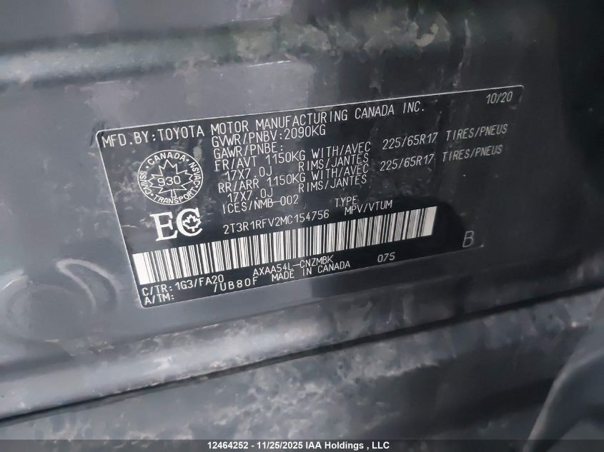 2021 Toyota Rav4 Xle/Xle Premium VIN: 2T3R1RFV2MC154756 Lot: 12464252