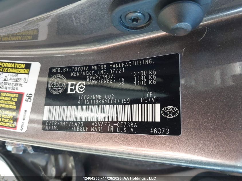 2021 Toyota Camry Se/Se Night Shade VIN: 4T1G11BK8MU044399 Lot: 12464255