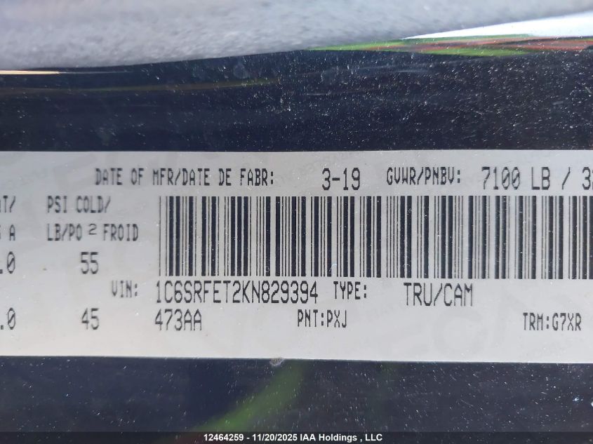 2019 Ram 1500 Sport/Rebel VIN: 1C6SRFET2KN829394 Lot: 12464259