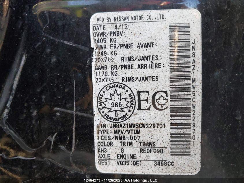 2012 Nissan Murano Le VIN: JN8AZ1MW5CW229701 Lot: 12464273
