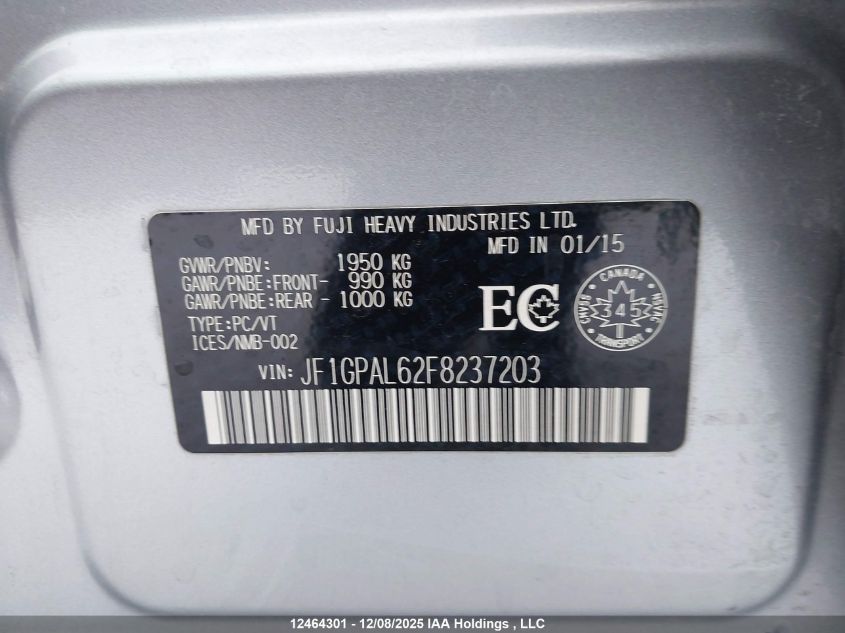 2015 Subaru Impreza 2.0I Sport Package VIN: JF1GPAL62F8237203 Lot: 12464301