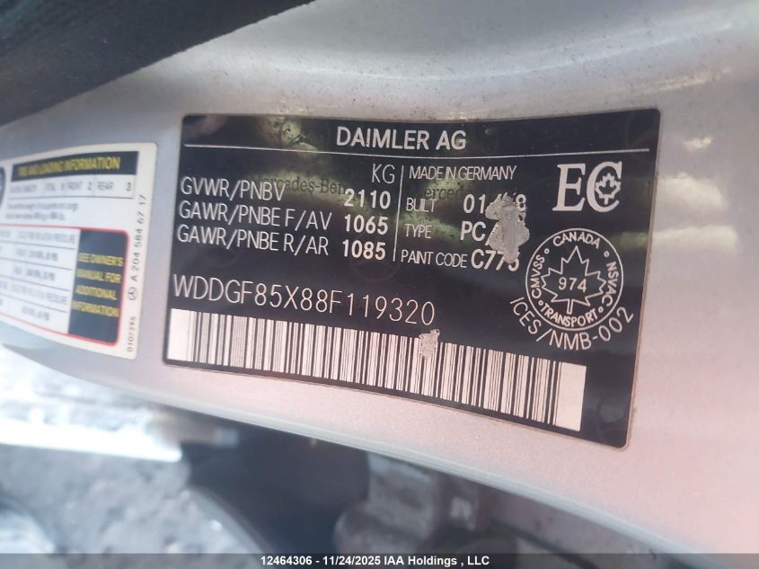 2008 Mercedes-Benz C 230 4Matic VIN: WDDGF85X88F119320 Lot: 12464306