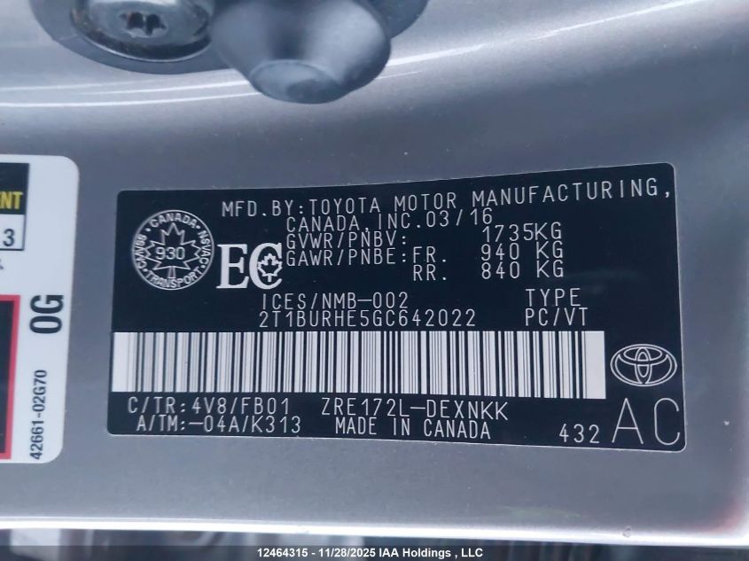 2016 Toyota Corolla L/Le/Le Pls/Prm/S/S Pls VIN: 2T1BURHE5GC642022 Lot: 12464315