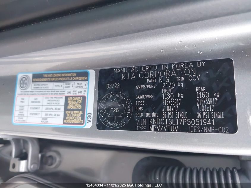 2023 Kia Niro Ev Limited/Limited W/Snow White Pearl Grey Exterior VIN: KNDCT3L17P5051941 Lot: 12464334