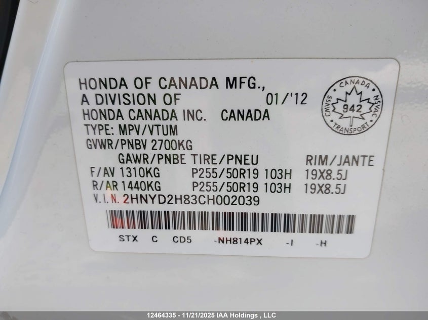2HNYD2H83CH002039 2012 ACURA MDX photo no. 9