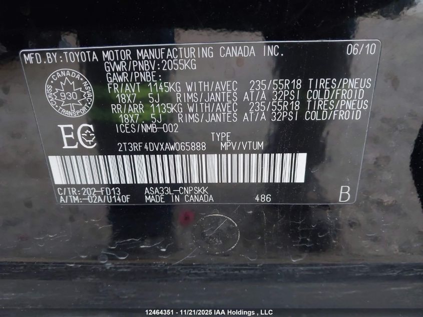 2010 Toyota Rav4 Sport VIN: 2T3RF4DVXAW065888 Lot: 12464351