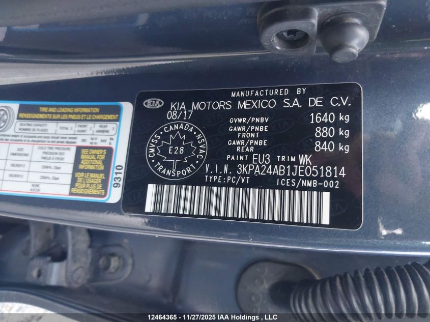 2018 Kia Rio Lx/S VIN: 3KPA24AB1JE051814 Lot: 12464365