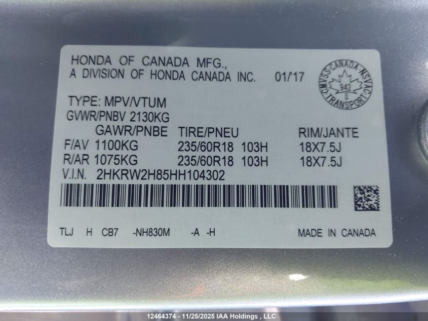 2017 Honda Cr-V Ex-L VIN: 2HKRW2H85HH104302 Lot: 12464374