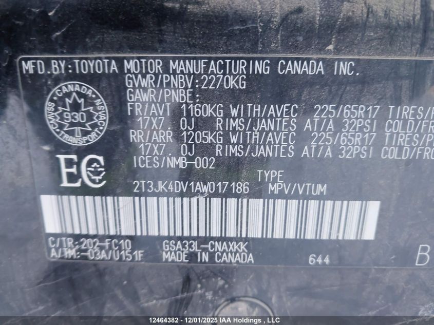 2010 Toyota Rav4 Base V6 VIN: 2T3JK4DV1AW017186 Lot: 12464382