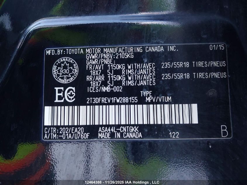 2015 Toyota Rav4 Limited VIN: 2T3DFREV1FW288155 Lot: 12464388