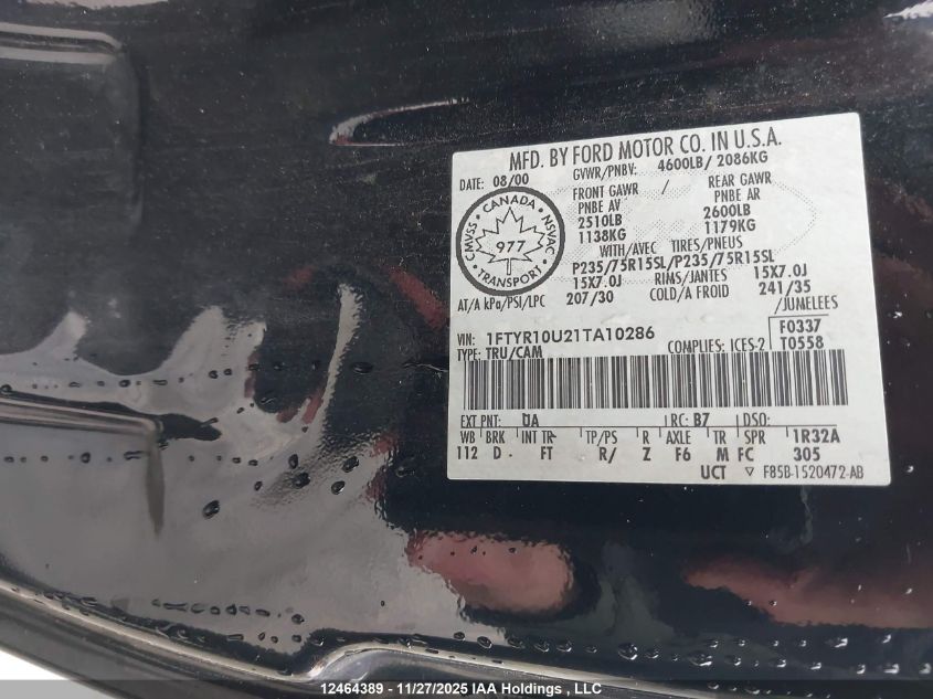 2001 Ford Ranger VIN: 1FTYR10U21TA10286 Lot: 12464389