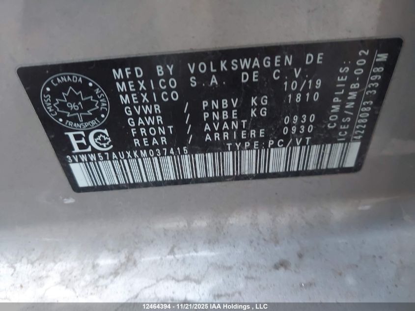 2019 Volkswagen Golf 1.4 Tsi Comfortline/1.4 Tsi Execline/1.4 Tsi Highline VIN: 3VWW57AUXKM037415 Lot: 12464394