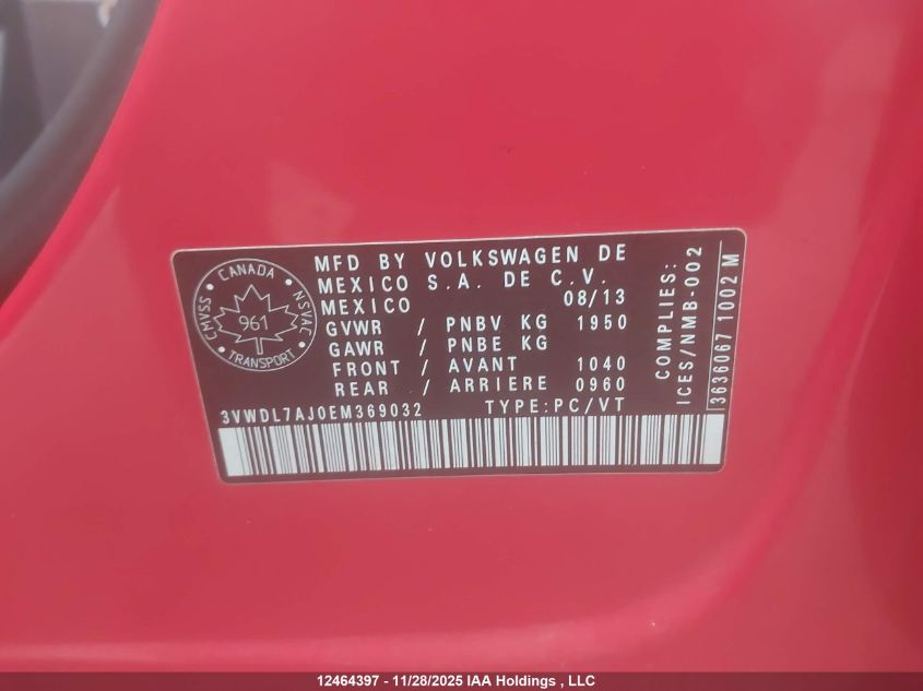 2014 Volkswagen Jetta 2.0 Tdi Comfortline/2.0 Tdi Highline/2.0 Tdi Trendline+ VIN: 3VWDL7AJ0EM369032 Lot: 12464397