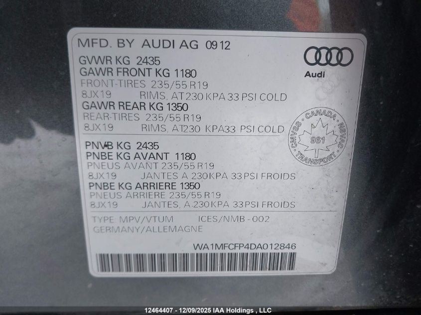 2013 Audi Q5 2.0T Premium VIN: WA1MFCFP4DA012846 Lot: 12464407