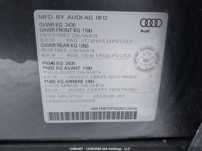 2013 Audi Q5 2.0T Premium VIN: WA1MFCFP4DA012846 Lot: 12464407