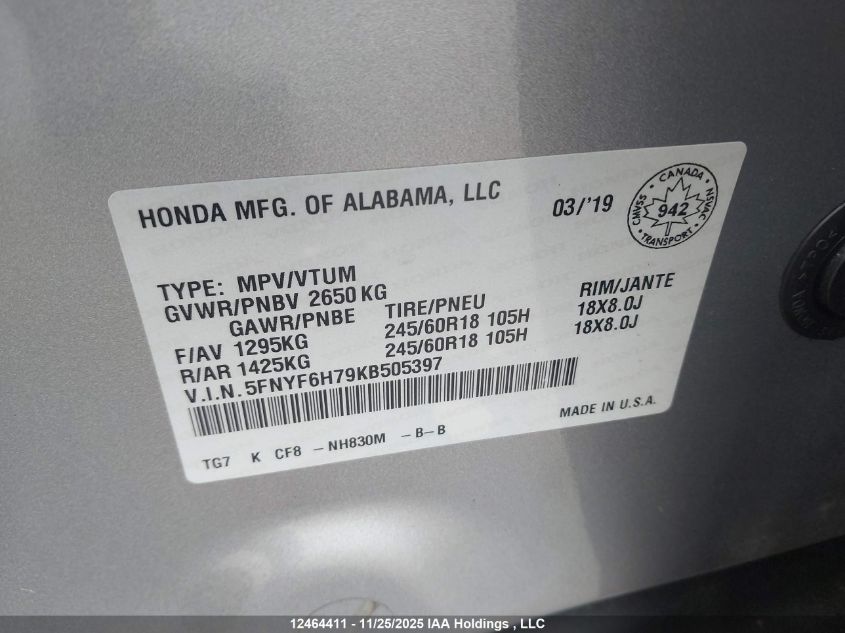 2019 Honda Pilot Ex-L Navi VIN: 5FNYF6H79KB505397 Lot: 12464411