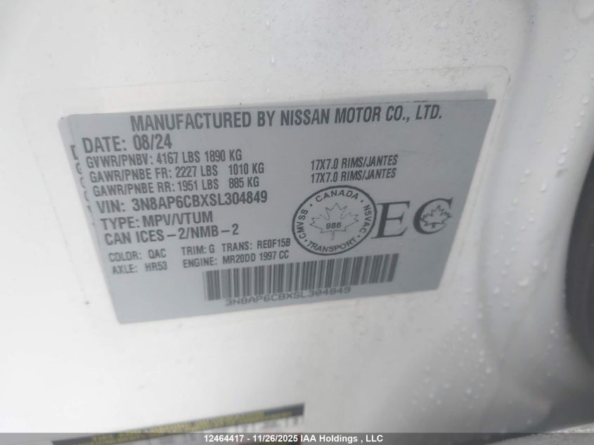 2025 Nissan Kicks Sv VIN: 3N8AP6CBXSL304849 Lot: 12464417