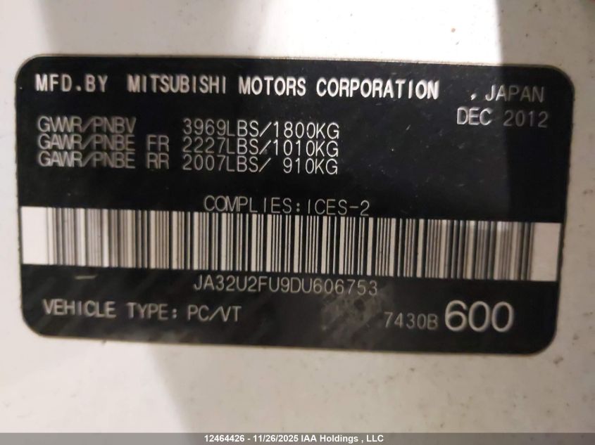 2013 Mitsubishi Lancer Es/Es Sport VIN: JA32U2FU9DU606753 Lot: 12464426