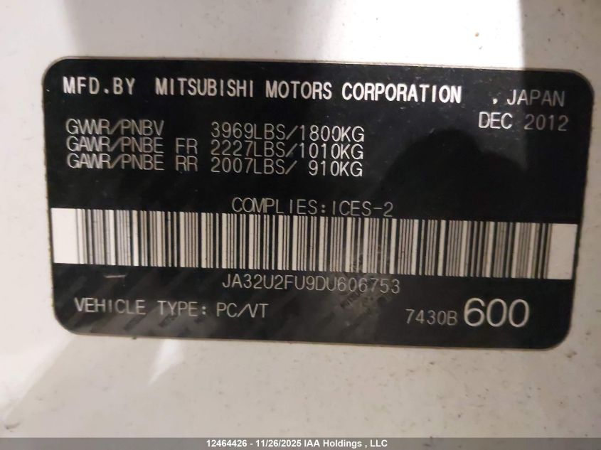 2013 Mitsubishi Lancer Es/Es Sport VIN: JA32U2FU9DU606753 Lot: 12464426