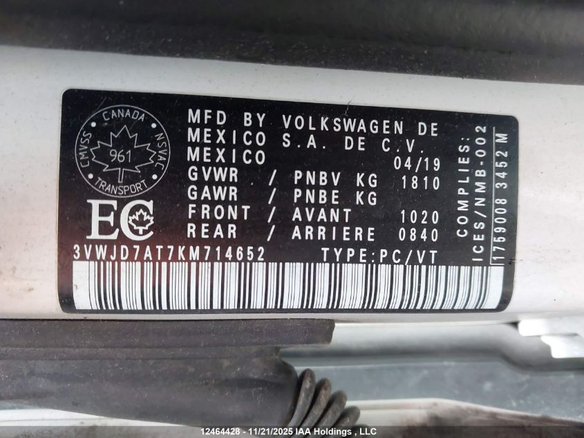 2019 Volkswagen Beetle Wolfsburg Edition VIN: 3VWJD7AT7KM714652 Lot: 12464428