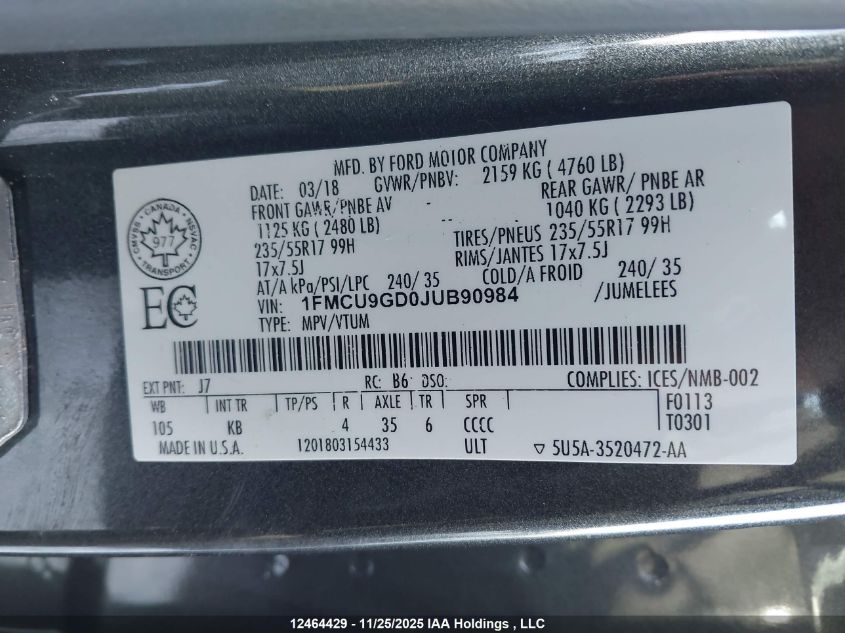 2018 Ford Escape Se VIN: 1FMCU9GD0JUB90984 Lot: 12464429