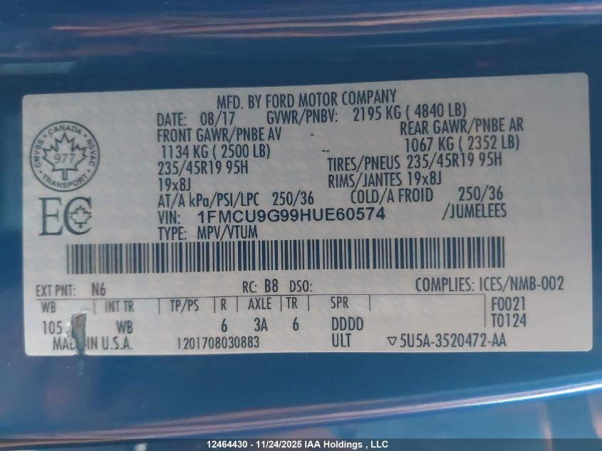 2017 Ford Escape Se VIN: 1FMCU9G99HUE60574 Lot: 12464430