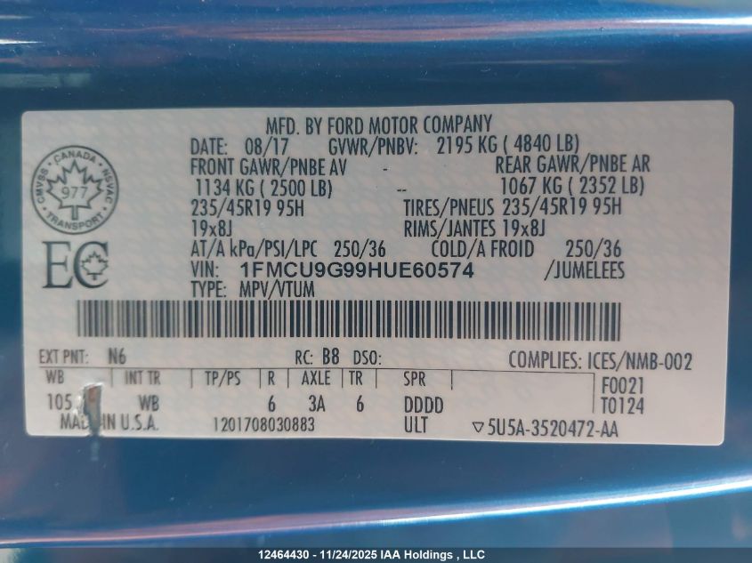 2017 Ford Escape Se VIN: 1FMCU9G99HUE60574 Lot: 12464430