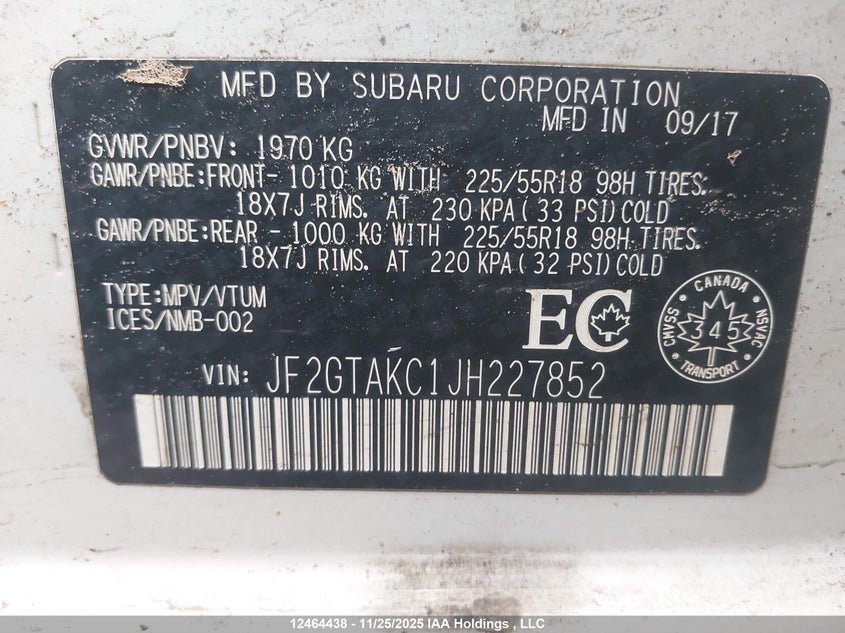 JF2GTAKC1JH227852 2018 SUBARU XV photo no. 18