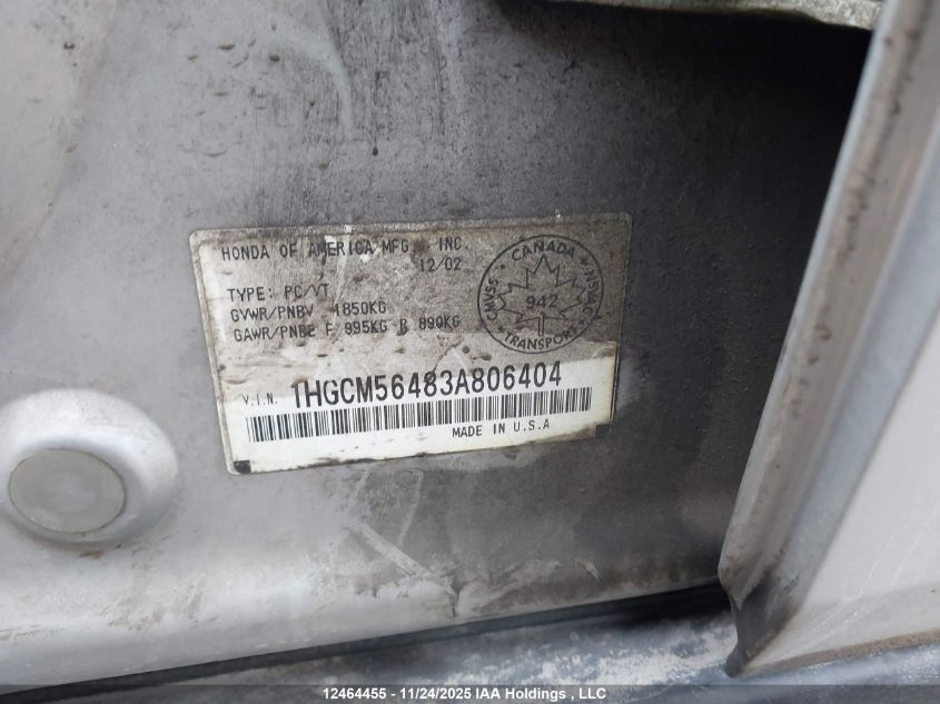 2003 Honda Accord VIN: 1HGCM56483A806404 Lot: 12464455