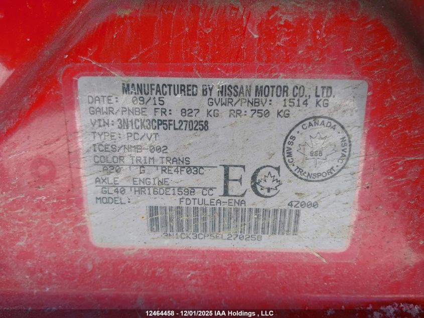 2015 Nissan Micra VIN: 3N1CK3CP5FL270258 Lot: 12464458