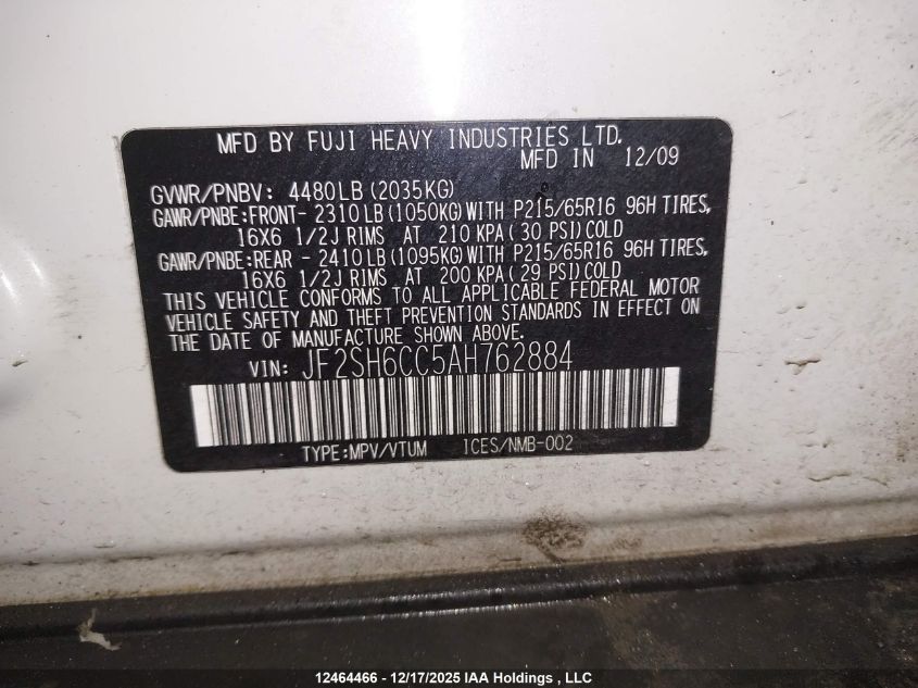 2010 Subaru Forester VIN: JF2SH6CC5AH762884 Lot: 12464466