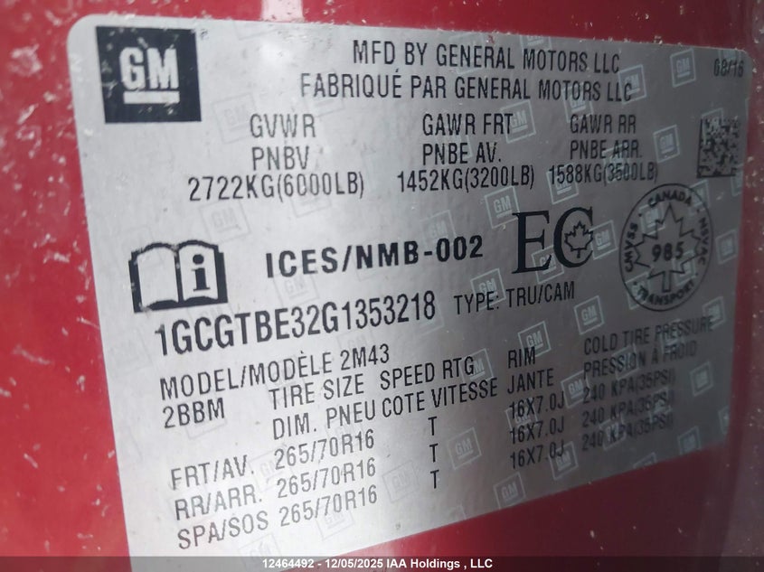 1GCGTBE32G1353218 2016 CHEVROLET COLORADO photo no. 9