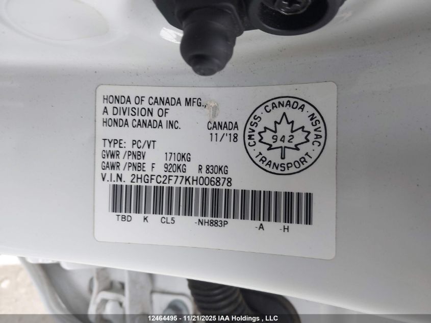 2019 Honda Civic Ex 4Dr VIN: 2HGFC2F77KH006878 Lot: 12464495