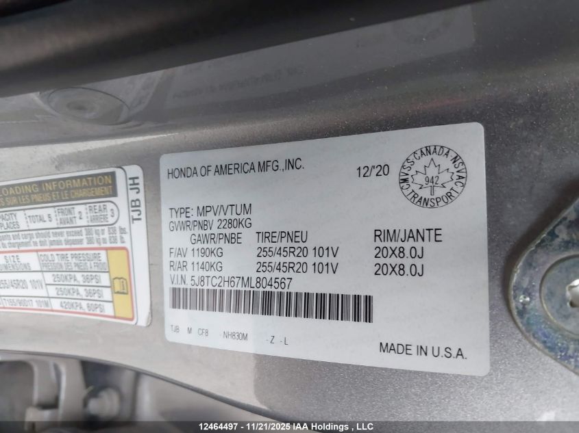 2021 Acura Rdx A-Spec VIN: 5J8TC2H67ML804567 Lot: 12464497