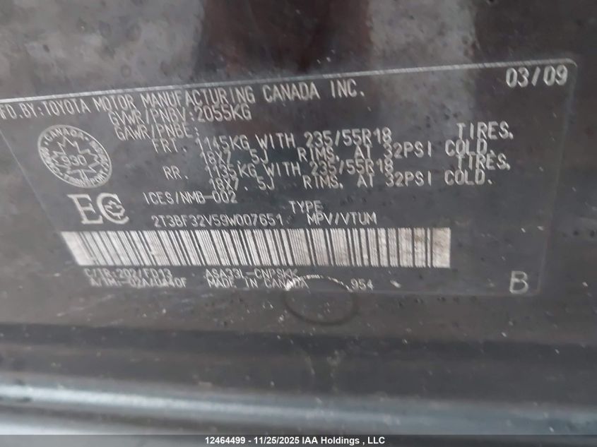 2009 Toyota Rav4 Sport VIN: 2T3BF32V59W007651 Lot: 12464499