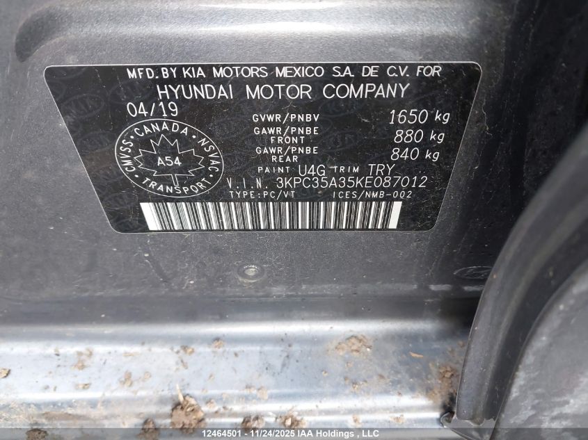 2019 Hyundai Accent Ultimate VIN: 3KPC35A35KE087012 Lot: 12464501