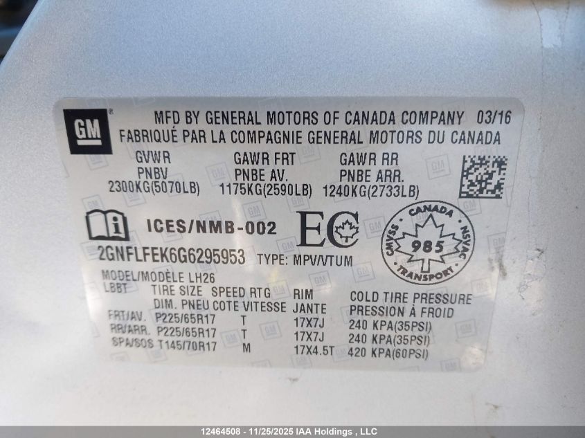 2016 Chevrolet Equinox 1Lt VIN: 2GNFLFEK6G6295953 Lot: 12464508